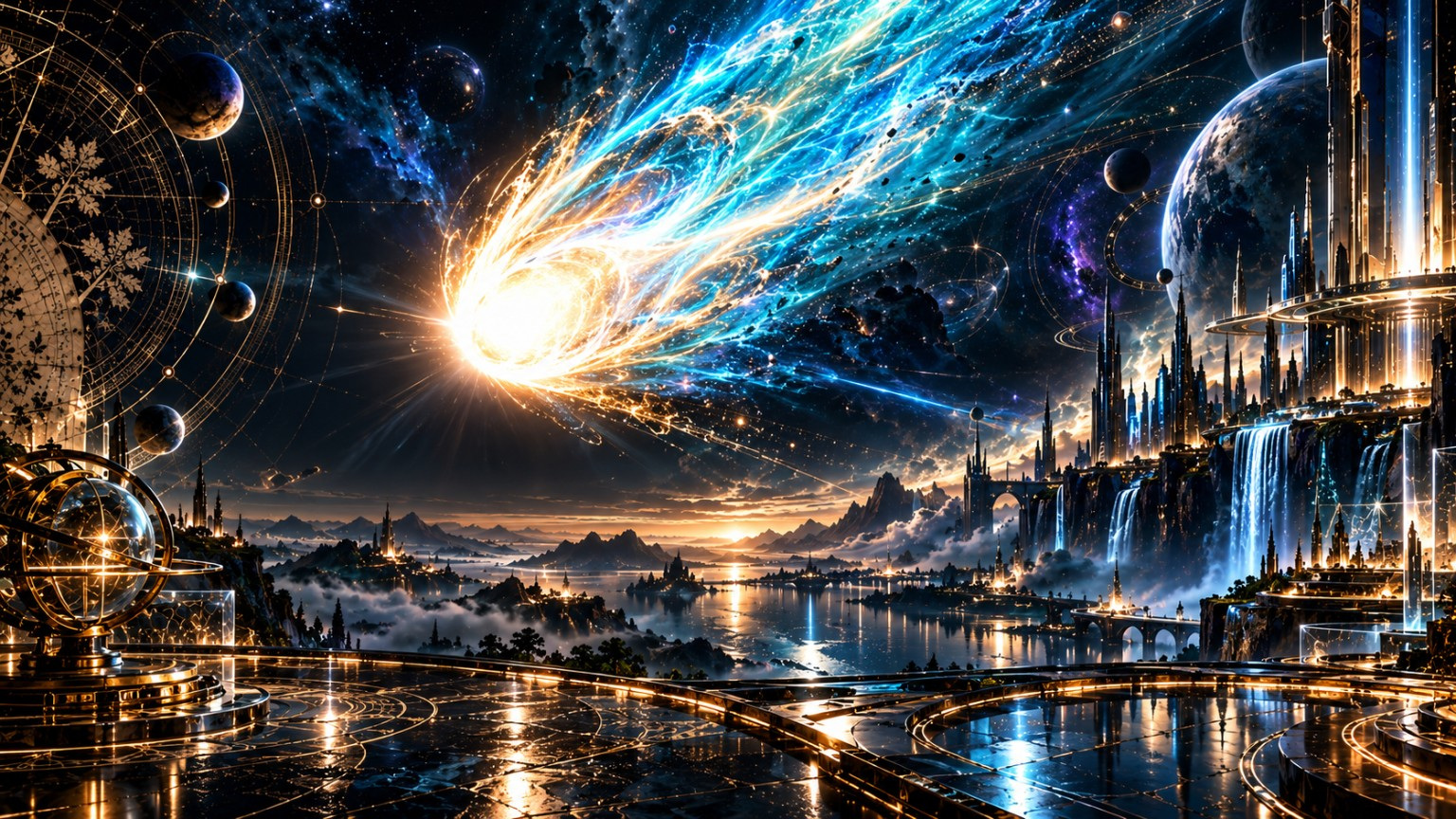User-supplied blue-and-gold celestial comet above a golden futuristic observatory city and reflective water.