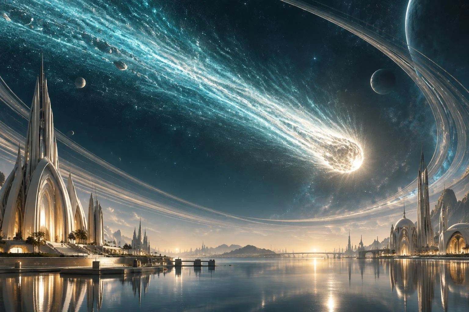 Existing original artwork: cyan-gold comet above a luminous futuristic observatory city and reflective water; not the missing reference upload.
